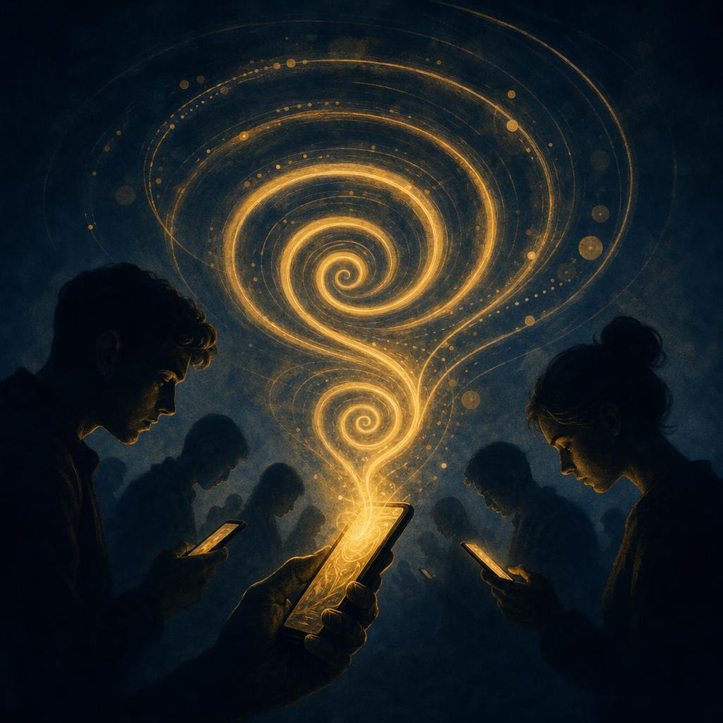 Ilustración editorial: espiral hipnótica emanando de un teléfono